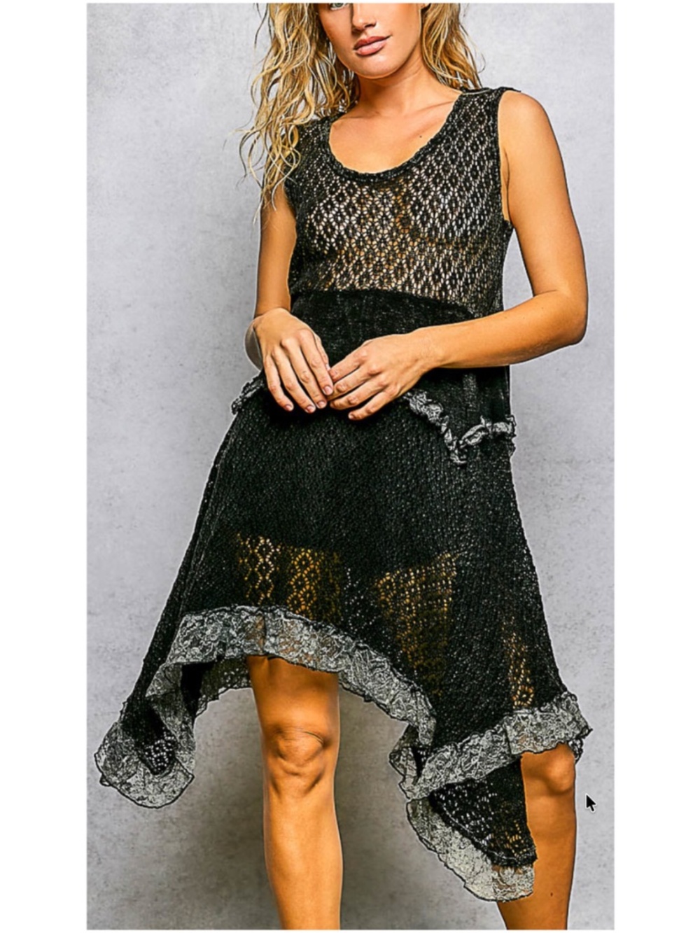 POL Black Semi Sheer Shark bite Hem Lace Semi Sheer Sleeveless Dress